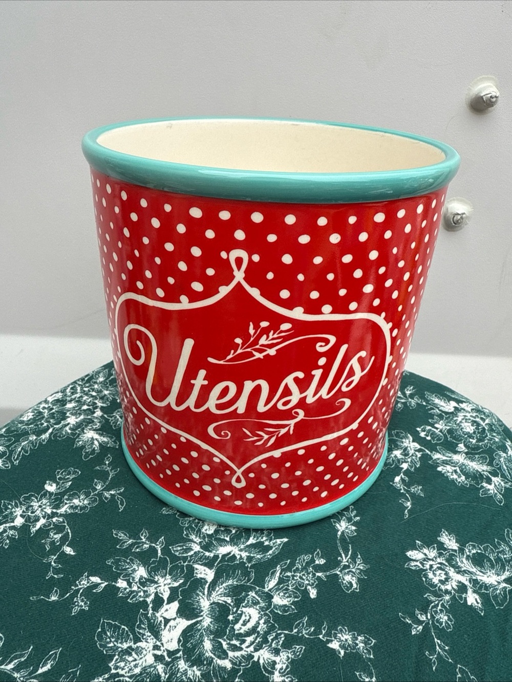 The Pioneer Woman Red Polka Dot Utensil Crock with Teal Trim